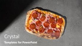  Presentation with meat - PPT theme featuring traditional-italian-meat-pizza background and a gray colored foreground