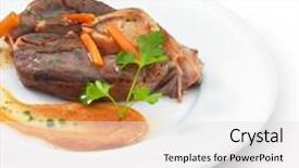  Presentation with served - Slide deck with traditional italian osso buco meat served with vegetables and parsley isolated on white background and a light gray colored foreground