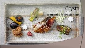  Presentation with japanese - Theme featuring traditional japanese dish with fish teriyaki and vegetable as close-up on a tray background and a light gray colored foreground