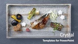  Presentation with japanese - Presentation theme consisting of traditional japanese dish with fish teriyaki and vegetable as close-up on a tray background and a gray colored foreground