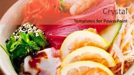  Presentation with japanese food - Cool new slide deck with traditional japanese food - salad with raw seafood and citrus fruits backdrop and a coral colored foreground