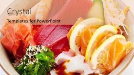  Presentation with japanese food - Presentation theme featuring traditional japanese food -salad with raw seafood and citrus fruits background and a coral colored foreground