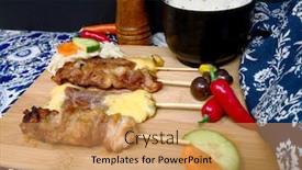  Presentation with eat - Audience pleasing PPT theme consisting of traditional-japanese-skewer-yakitori-ready backdrop and a coral colored foreground