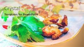  Presentation with eat - Cool new slide set with traditional-japanese-skewer-yakitori-ready backdrop and a coral colored foreground