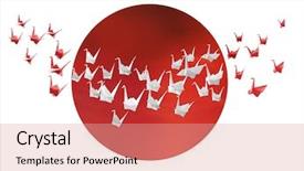  Presentation with stylized - Colorful slide set enhanced with traditional japanese white and red origami cranes flying over stylized japanese flag backdrop and a coral colored foreground