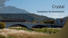  Presentation with korean - Colorful theme enhanced with traditional korean bridge that spanned over the river in jeonju hanok village backdrop and a light blue colored foreground