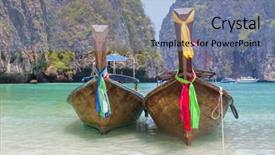  Presentation with maya bay - Beautiful PPT theme featuring traditional longtail boats in the famous maya bay of phi-phi leh island thailand backdrop and a seafoam green colored foreground