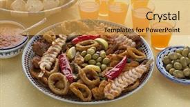  Presentation with moroccan - Amazing presentation design having traditional moroccan fish dish with sauce olives bread an drink backdrop and a yellow colored foreground