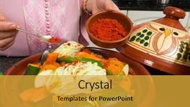  Presentation with ramadan - Presentation design with traditional moroccan immigrant woman in europe adding spices to her tajine during ramadan in her modern kitchen background and a gold colored foreground