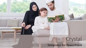  Presentation with feast - Presentation theme having traditional-muslim-family-parents background and a light gray colored foreground
