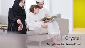  Presentation with family reading - Audience pleasing PPT theme consisting of traditional-muslim-family-parents backdrop and a light gray colored foreground