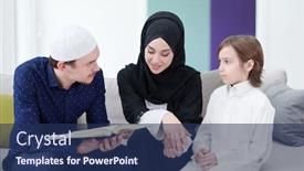  Presentation with children praying - Audience pleasing presentation theme consisting of traditional-muslim-family-parents backdrop and a navy blue colored foreground