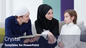  Presentation with children praying - Colorful presentation theme enhanced with traditional-muslim-family-parents backdrop and a navy blue colored foreground