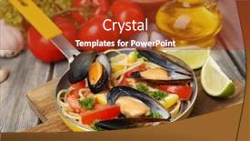  Presentation with noodles - Presentation theme enhanced with traditional noodles with mussels on table close up background and a tawny brown colored foreground