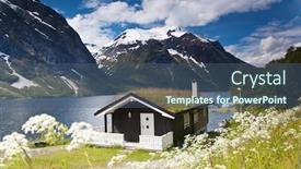 Presentation with house - Audience pleasing PPT theme consisting of traditional-norwegian-house-at-eikesdalsvatnet backdrop and a ocean colored foreground