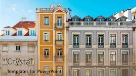  Presentation with old buildings - Colorful PPT theme enhanced with traditional-old-buildings-in-lisbon backdrop and a coral colored foreground