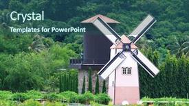  Presentation with old windmill - Amazing slide deck having image of one boat on river in city center backdrop and a ocean colored foreground