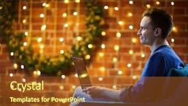 Presentation with sparkling lights - Slides enhanced with traditional organization - happy software developper with laptop background and a tawny brown colored foreground