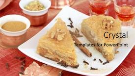  Presentation with syrup - PPT theme featuring traditional oriental dessert with syrup background and a coral colored foreground