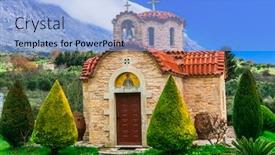  Presentation with crete island - Theme having traditional-orthodox-church-in-mountain background and a light blue colored foreground