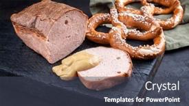  Presentation with served - Presentation design consisting of traditional-oven-fresh-bavarian-leberkaese background and a dark gray colored foreground