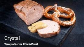  Presentation with served - Presentation design featuring traditional-oven-fresh-bavarian-leberkaese background and a wine colored foreground