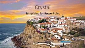  Presentation with cliff - Colorful presentation theme enhanced with traditional portuguese village on a cliff overlooking the ocean in azenhas de mar portugal at sunset backdrop and a coral colored foreground