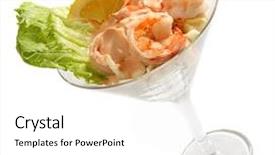  Presentation with prawn - Cool new presentation with traditional prawn cocktail with 1 000 island dressing lettuce and lemon slices in a martini glass backdrop and a white colored foreground