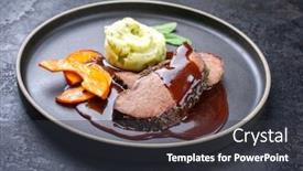  Presentation with beef - Cool new PPT theme with traditional-roasted-beef-heart backdrop and a dark gray colored foreground