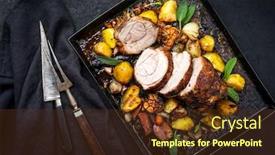  Presentation with sheet metal - Slide set with traditional-roasted-veal-roll-roast background and a tawny brown colored foreground