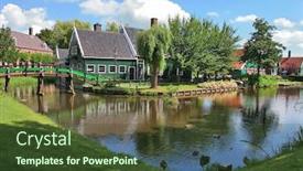  Presentation with popular - PPT theme consisting of traditional rural houses on green lawns along creek in zaanse schans - small village and popular touristic site in holland netherlands background and a tawny brown colored foreground