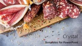  Presentation with mold - Beautiful presentation featuring traditional sausage sausage with mold and spanish ham bellota jamon sliced sausage salami on wooden board with spices pepper and fennel close-up backdrop and a light gray colored foreground