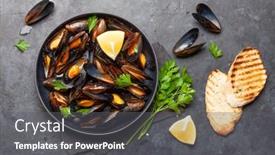  Presentation with seafood - Beautiful slide set featuring traditional-seafood-mussels-in-wine backdrop and a gray colored foreground