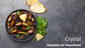  Presentation with seafood - Slide deck enhanced with traditional-seafood-mussels-in-wine background and a dark gray colored foreground