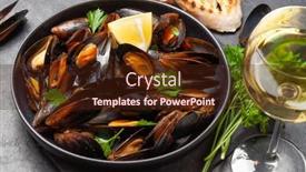  Presentation with seafood - Presentation having traditional-seafood-mussels-with-baguette background and a wine colored foreground