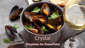  Presentation with seafood - Presentation featuring traditional-seafood-mussels-with-baguette background and a tawny brown colored foreground