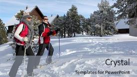  Presentation with skiing - Slide deck with traditional slide - couple skiing by chalets background and a light blue colored foreground