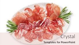  Presentation with white plate - Amazing presentation design having traditional-spanish-jamon-prosciutto-crudo backdrop and a coral colored foreground