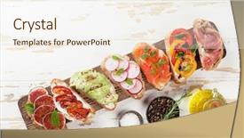  Presentation with snacks - Slide deck enhanced with traditional spanish tapas appetizer background and a sky blue colored foreground