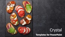 Presentation with mozzarella cheese - Audience pleasing slides consisting of traditional-spanish-tapas-with-tomatoes backdrop and a dark gray colored foreground