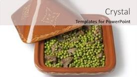  Presentation with moroccan - Colorful presentation design enhanced with traditional square moroccan tajine with meat and green peas on white background backdrop and a light gray colored foreground