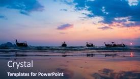  Presentation with sunset beach - Colorful slide set enhanced with traditional-thai-boats-at-sunset backdrop and a tawny brown colored foreground