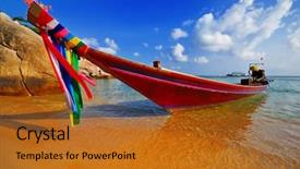  Presentation with thai culture - Amazing slide deck having traditional thai longtail boat backdrop and a gold colored foreground