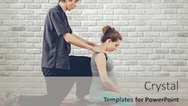  Presentation with pregnant woman massage - Amazing PPT theme having traditional thai massage of a pregnant woman sitting on the mat in yoga studio young white masseur dressed in a black uniform stretches her neck from behind side view health relax spa concept backdrop and a light gray colored foreground