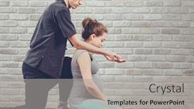  Presentation with pregnant woman massage - Beautiful PPT theme featuring traditional thai massage of a pregnant woman sitting on the mat in yoga studio young white masseur dressed in a black uniform stretches her neck from behind side view health relax spa concept backdrop and a light gray colored foreground