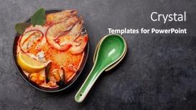  Presentation with milk coconut - Presentation design with traditional-thai-soup-tom-yum background and a dark gray colored foreground