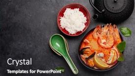  Presentation with milk coconut - Colorful presentation design enhanced with traditional-thai-soup-tom-yum backdrop and a dark gray colored foreground