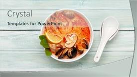  Presentation with milk coconut - Presentation design enhanced with traditional-thai-soup-tom-yum background and a sky blue colored foreground