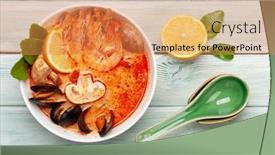  Presentation with milk coconut - Beautiful presentation design featuring traditional-thai-soup-tom-yum backdrop and a coral colored foreground