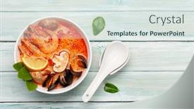  Presentation with milk coconut - Presentation design consisting of traditional-thai-soup-tom-yum background and a sky blue colored foreground